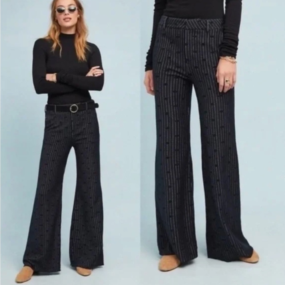 Cartonnier Anthropologie Black Jacquard Dot Wide-Leg Pants Trousers